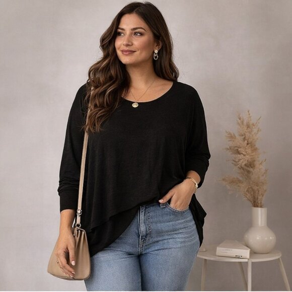 Tops - Black Plus Size Tunic Top Asymmetrical Hem Long Sleeve Cotton Stretch 2XL